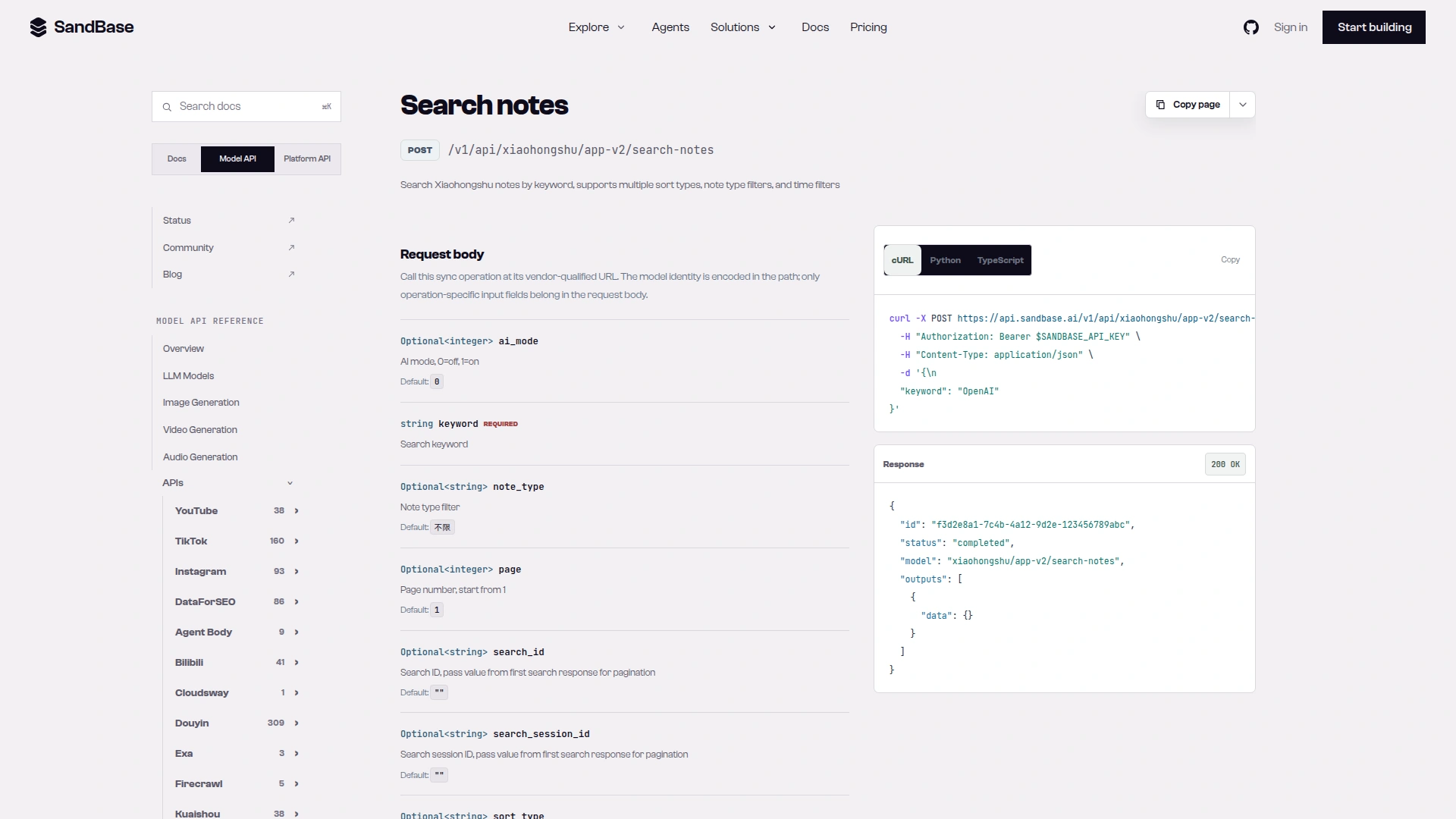 SandBase endpoint reference for xiaohongshu/app-v2/search-notes listing keyword, page, search_id and search_session_id