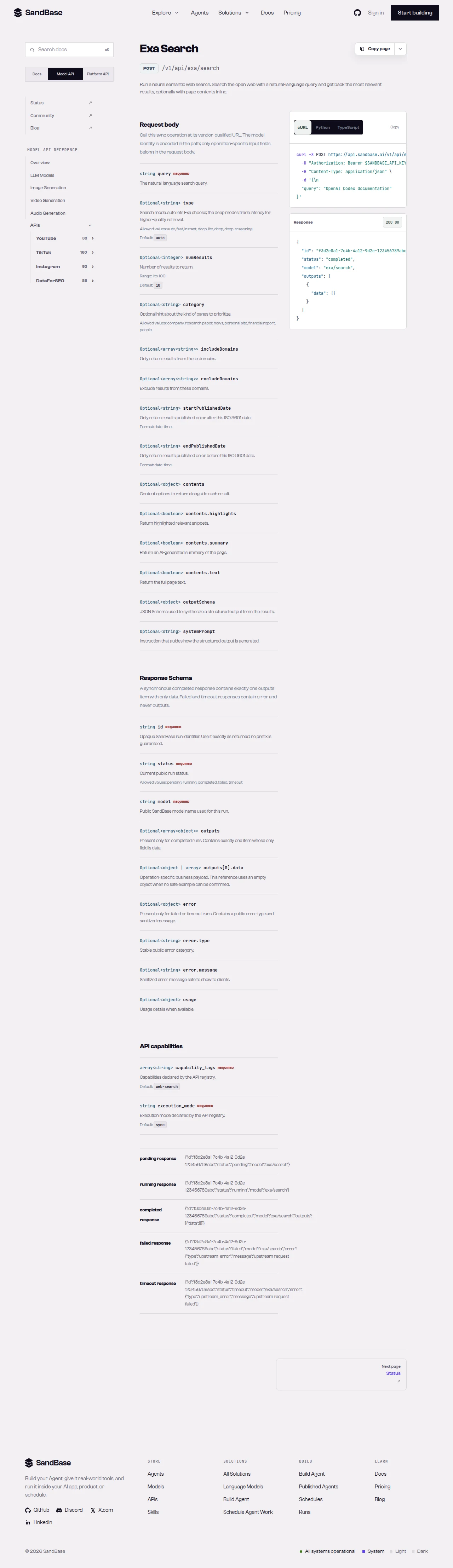 SandBase API reference for an Exa endpoint, showing the vendor-qualified URL and the response schema