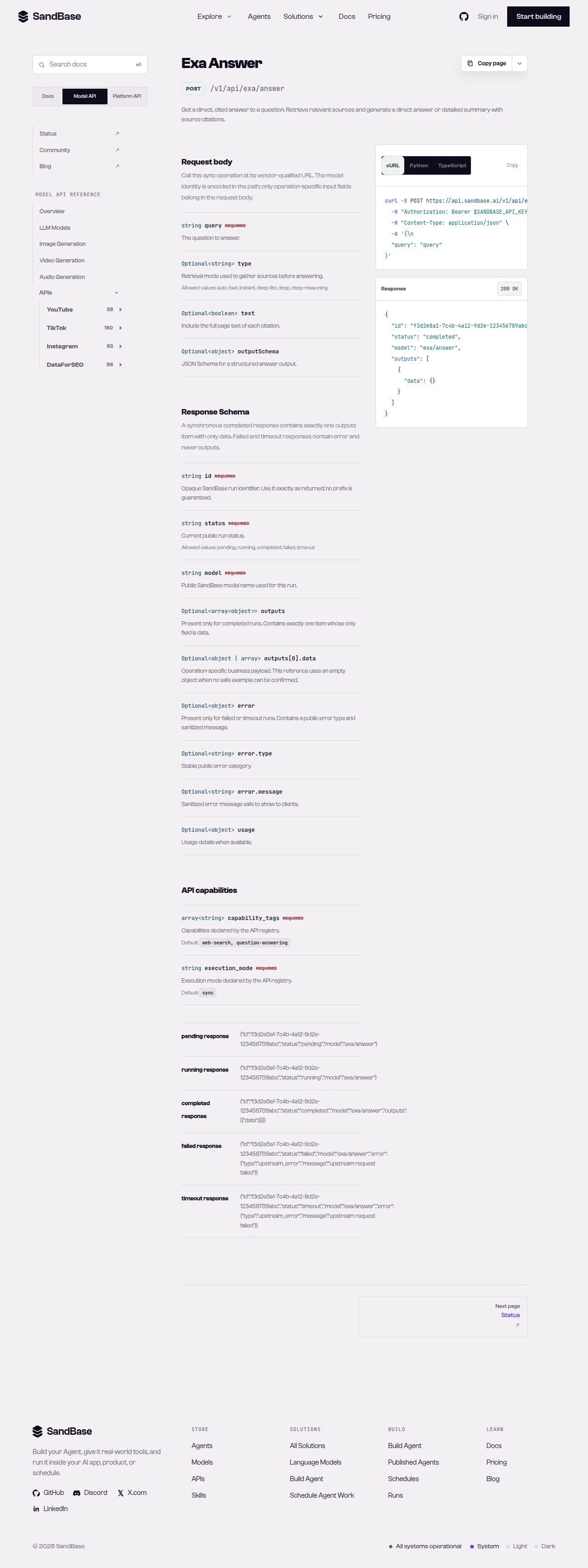 SandBase Exa endpoint list showing search, contents, and answer endpoints