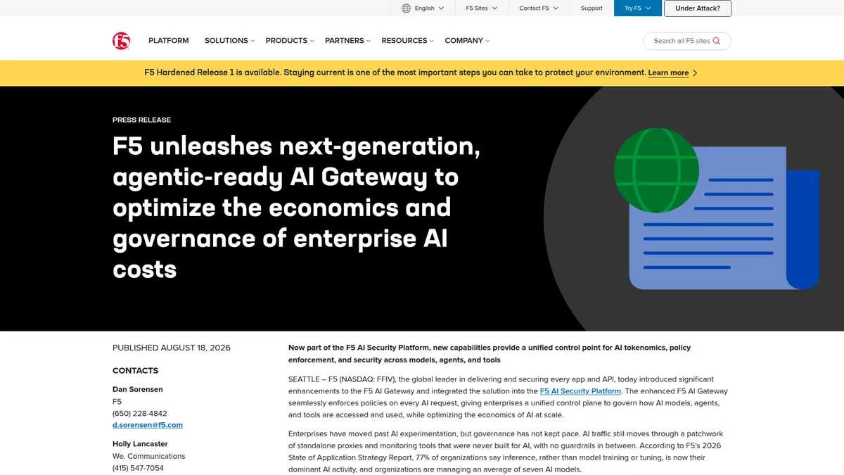 F5's official announcement for its agent-ready AI Gateway