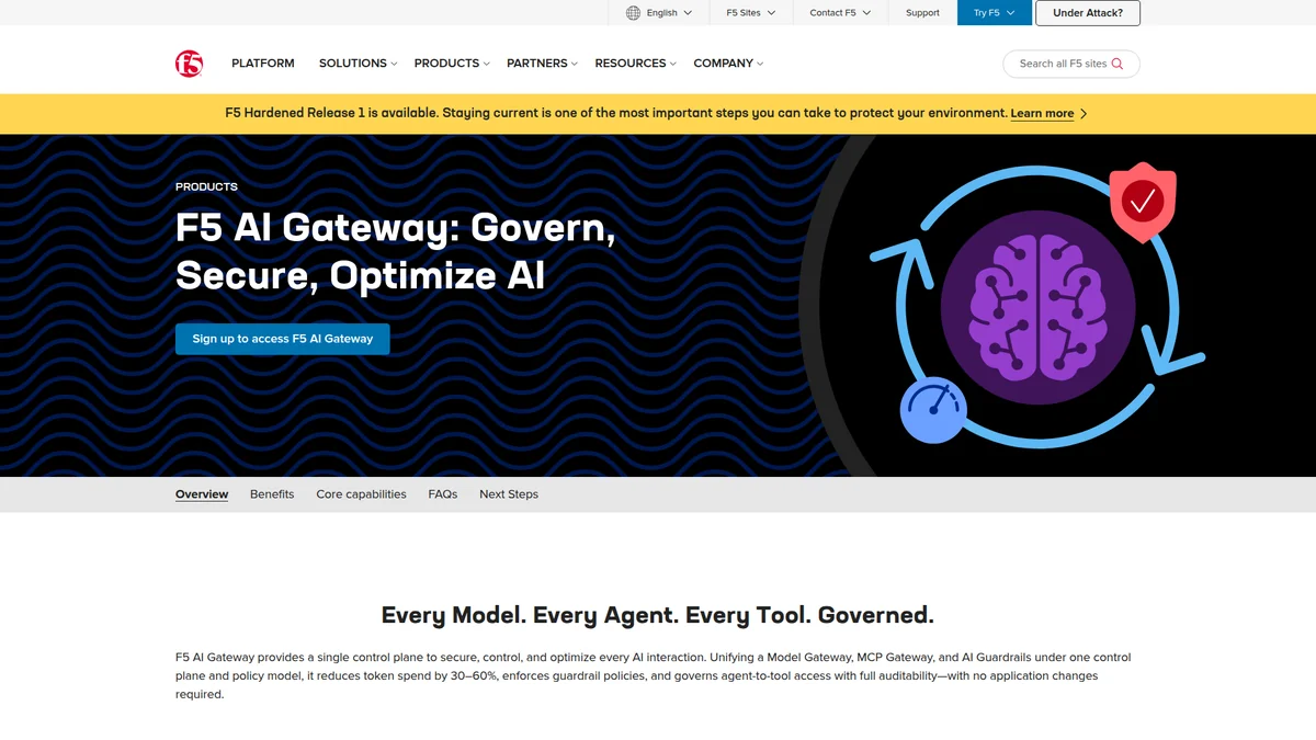 F5 AI Gateway product page listing model, MCP, guardrail, and audit capabilities