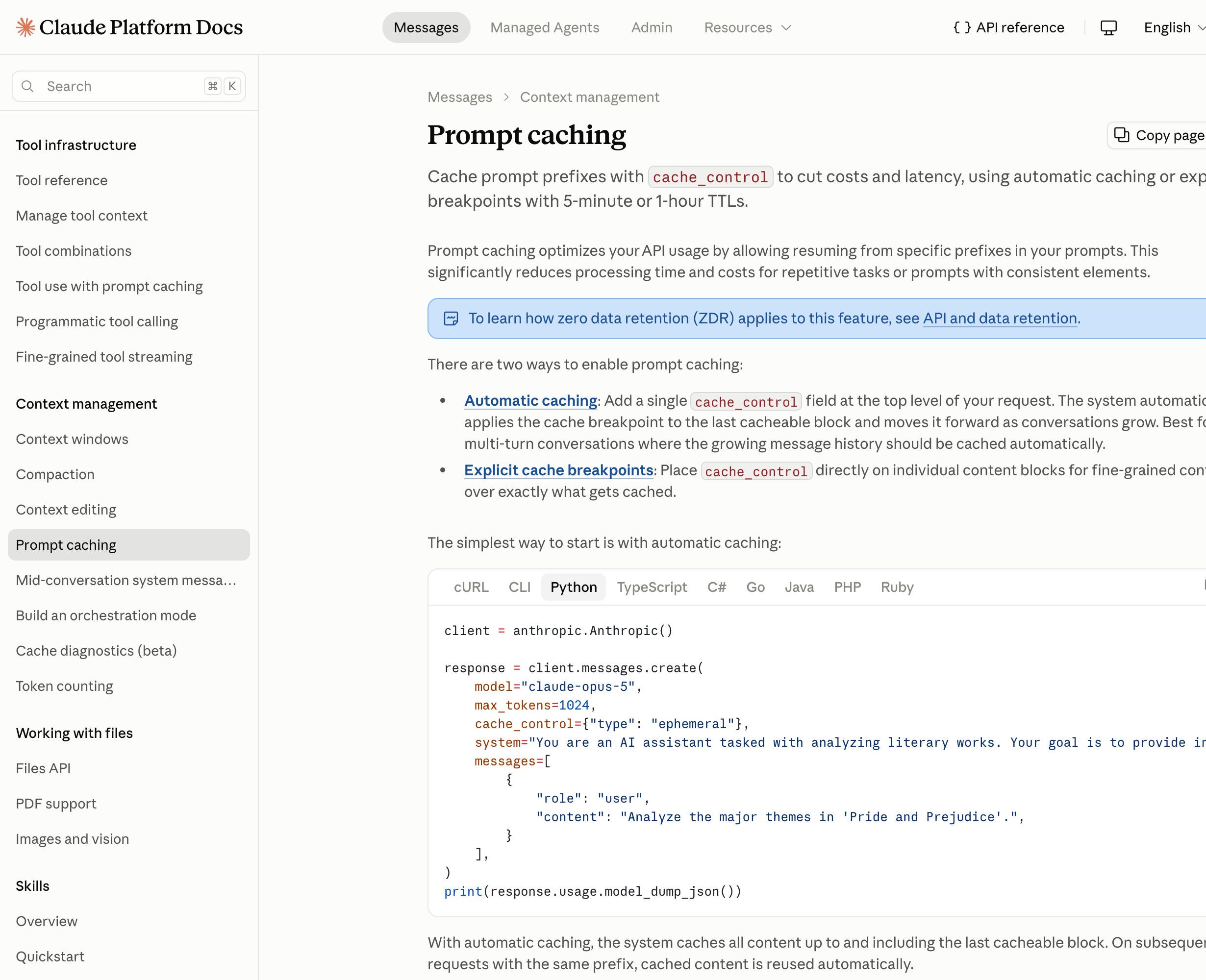 Claude Platform documentation showing cache controls and TTL choices