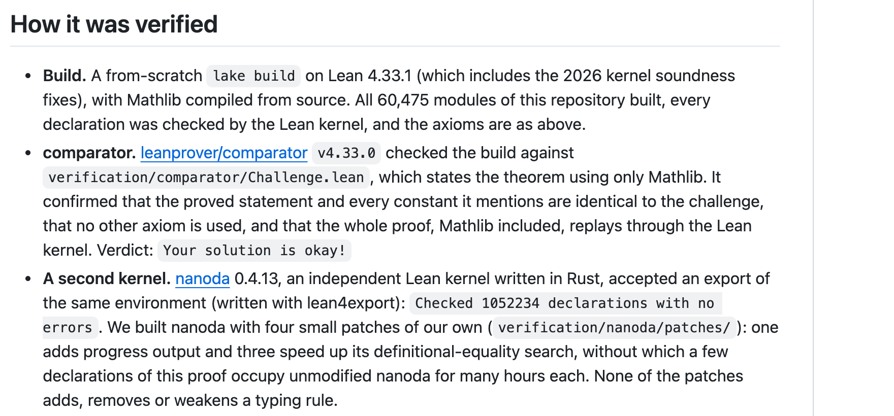 Official repository documents Lean, comparator, and independent nanoda checks