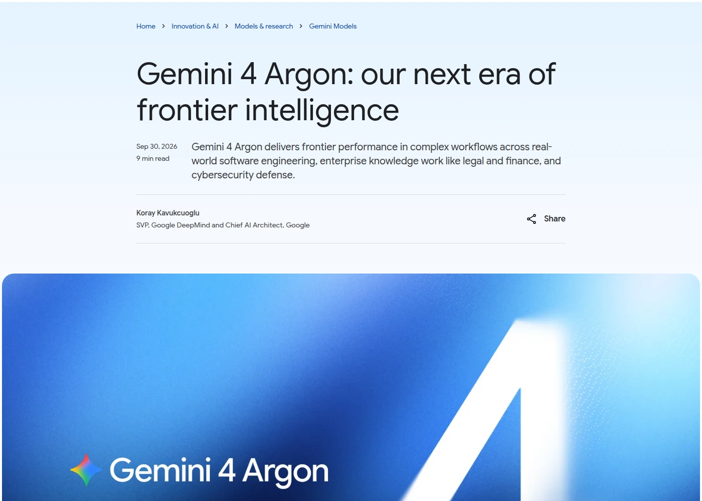 Google's announcement page headed "Gemini 4 Argon: our next era of frontier intelligence", dated Sep 30, 2026, by Koray Kavukcuoglu