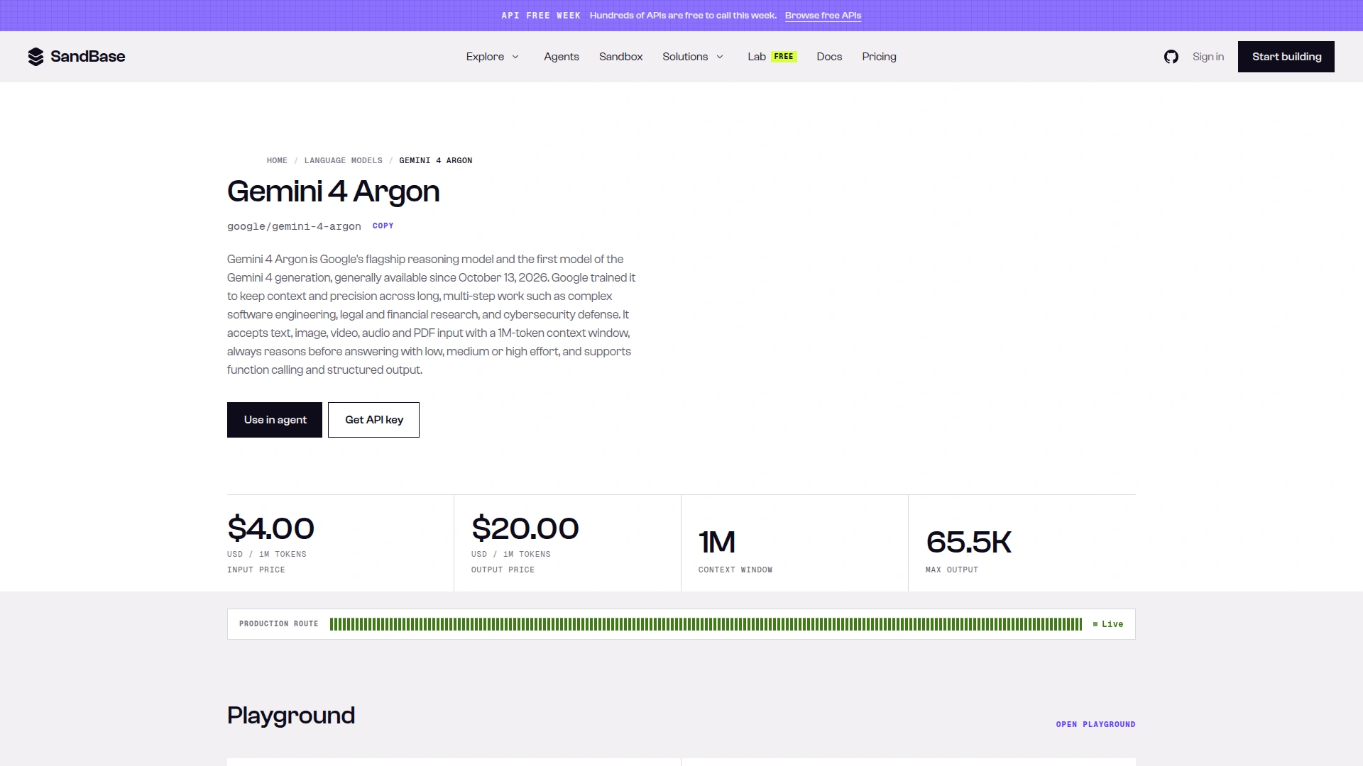 SandBase model page for Gemini 4 Argon showing model id google/gemini-4-argon, $4.00 input and $20.00 output per 1M tokens, 1M context window, 65.5K max output and a Live production route