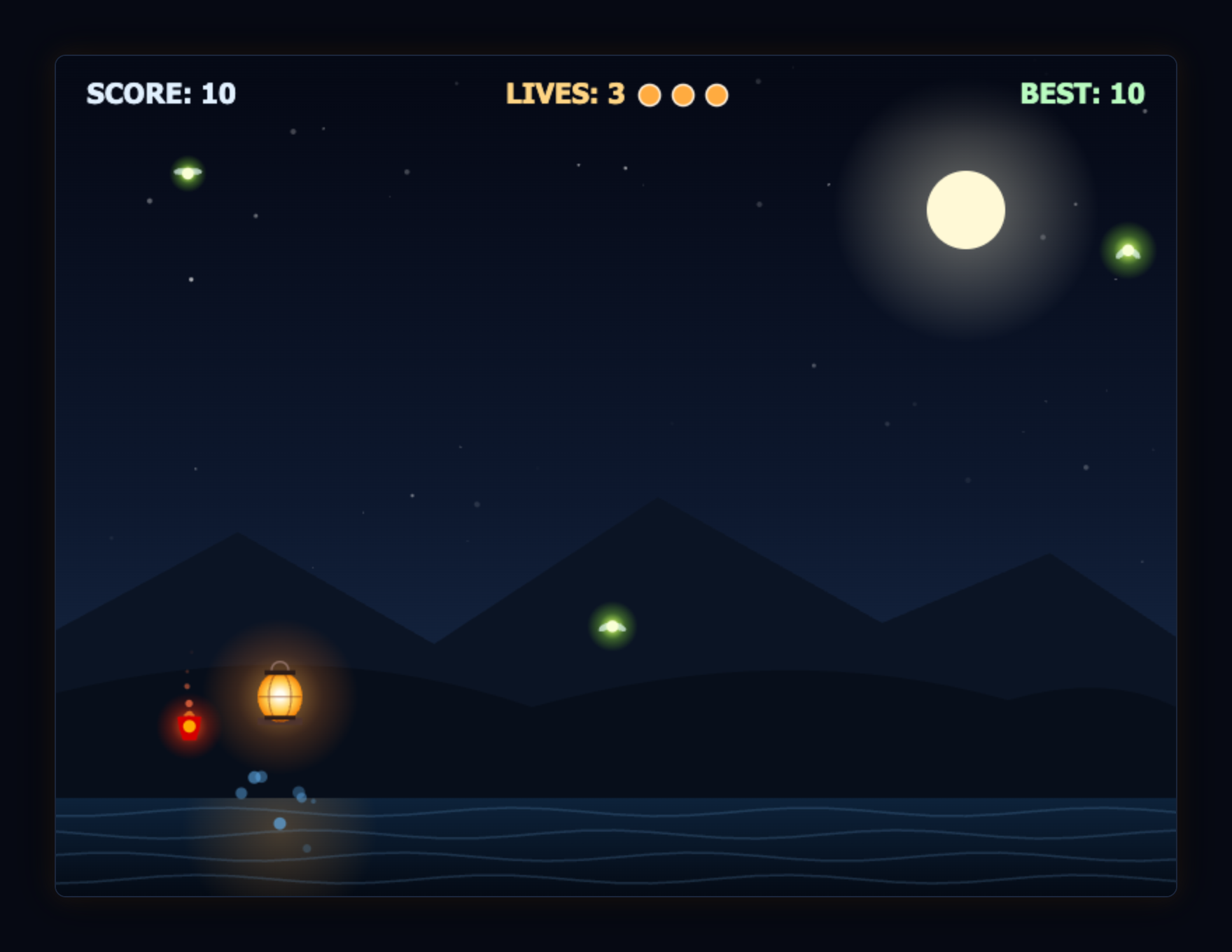 Lantern Drift v2 running in headless Chrome mid-hop: the glowing lantern is in the air above the river with a splash below it, a red ember beside it, fireflies falling, and the HUD reading Score 10, Lives 3, Best 10