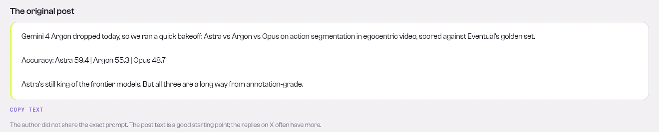 SandBase Lab detail page text for @Sammy_Sidhu's post: a quick bakeoff of Astra vs Argon vs Opus on action segmentation, accuracy Astra 59.4, Argon 55.3, Opus 48.7