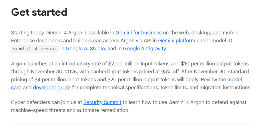 Google Cloud blog paragraph: Argon at $2 / $10 through November 30, 2026, then $4 / $20, cached input 95% off