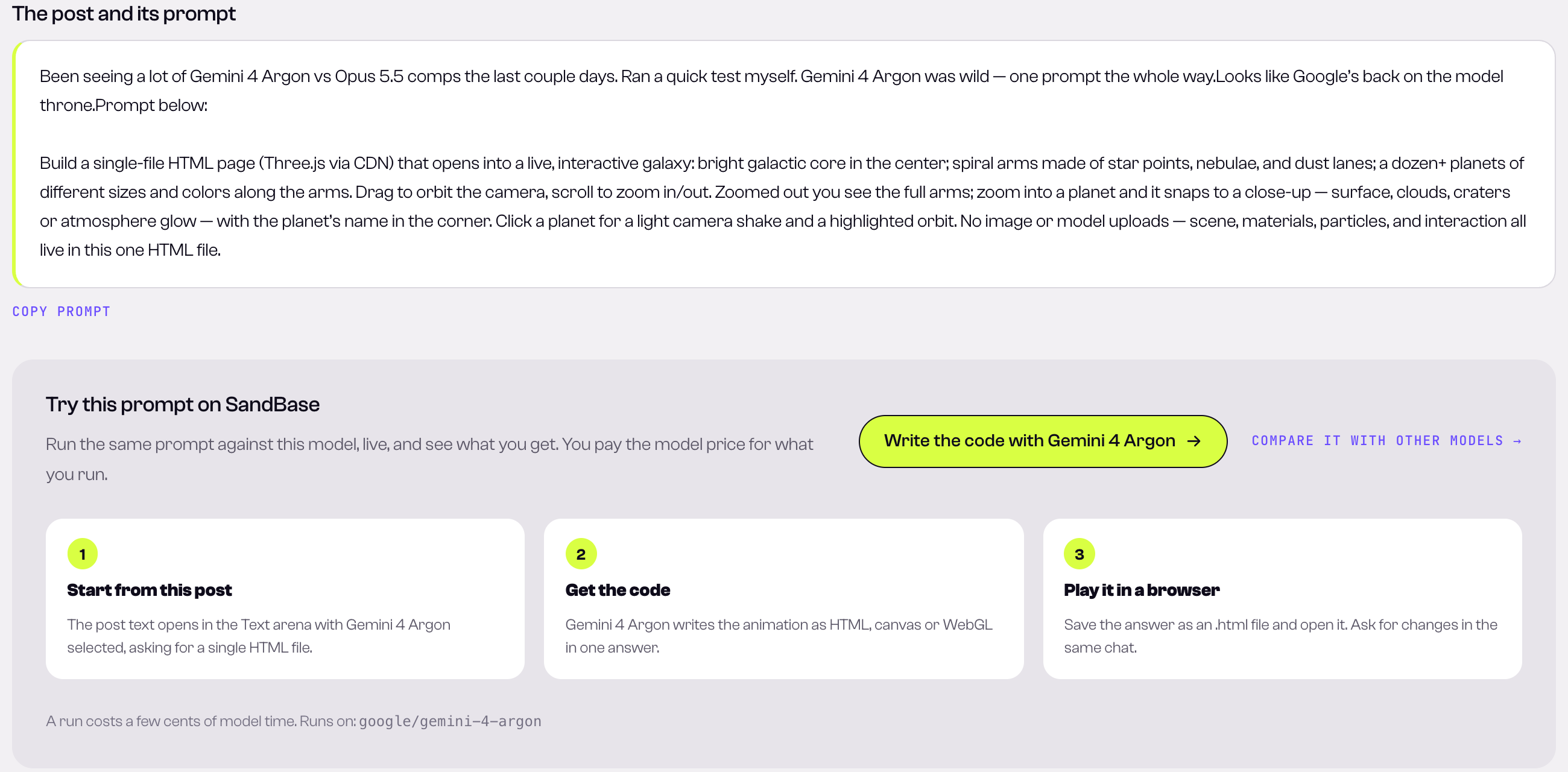 SandBase Lab detail page for @Smlay_ero's interactive galaxy post, showing the full prompt under "The post and its prompt" and a "Try this prompt on SandBase" panel that sends it to google/gemini-4-argon