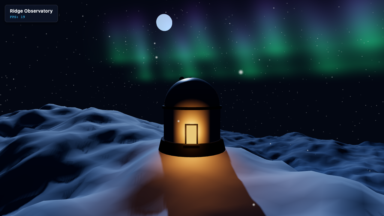 The final Gemini 4 Argon observatory scene in headless Chrome: a domed observatory with a glowing doorway on a snowy ridge, a green and violet aurora, a pale moon, stars and snow, with a Ridge Observatory HUD showing FPS 19