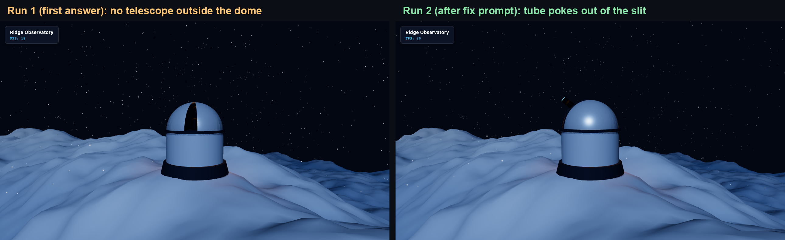 Side-by-side orbit views of the Argon observatory: on the left, run 1 with a slit in the dome but no telescope outside; on the right, run 2 after the fix prompt with a dark telescope tube and cyan lens sticking out of the dome