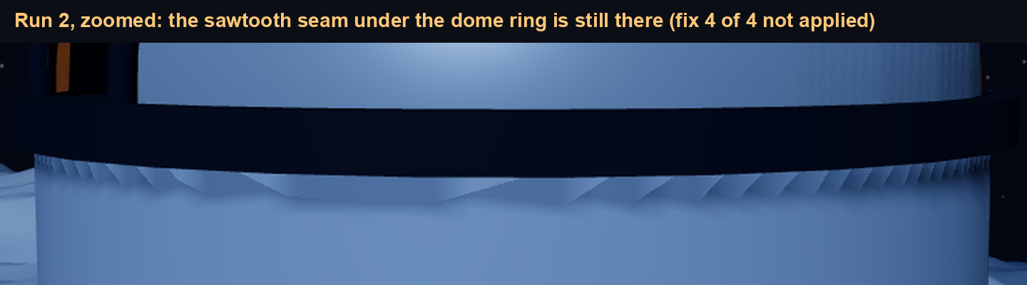 Zoomed crop of run 2 showing a jagged sawtooth band directly under the dark ring where the observatory dome meets the cylindrical base