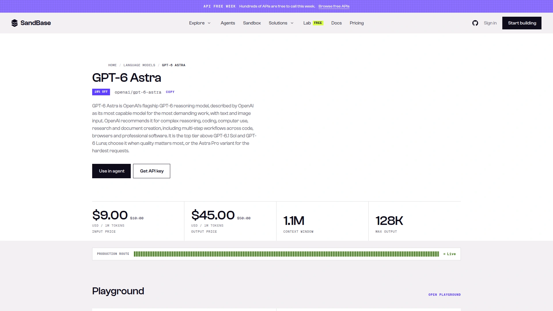 SandBase model page for GPT-6 Astra showing a 10% off badge, $9.00 input and $45.00 output per million tokens against list prices of $10.00 and $50.00, 1.1M context window and 128K max output