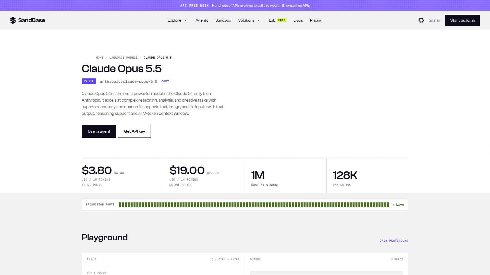 SandBase model page for Claude Opus 5.5 showing anthropic/claude-opus-5.5 with a 5% off badge, $3.80 input and $19.00 output per million tokens against list prices of $4.00 and $20.00, 1M context and 128K max output