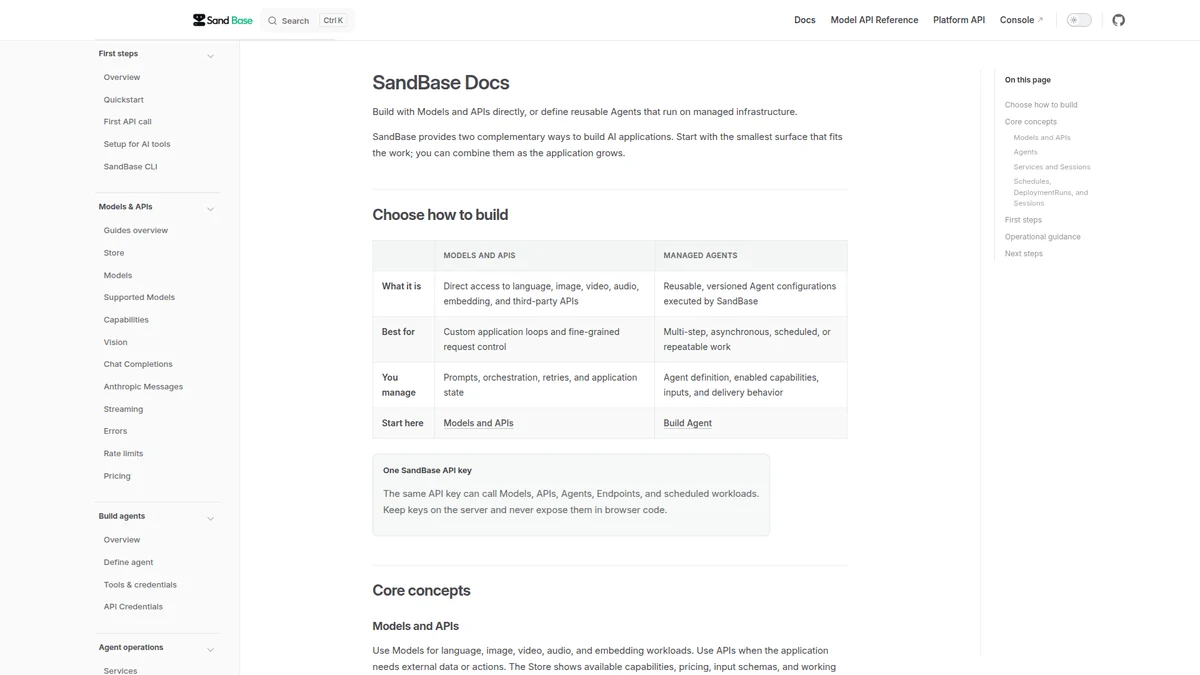 SandBase Docs API overview.