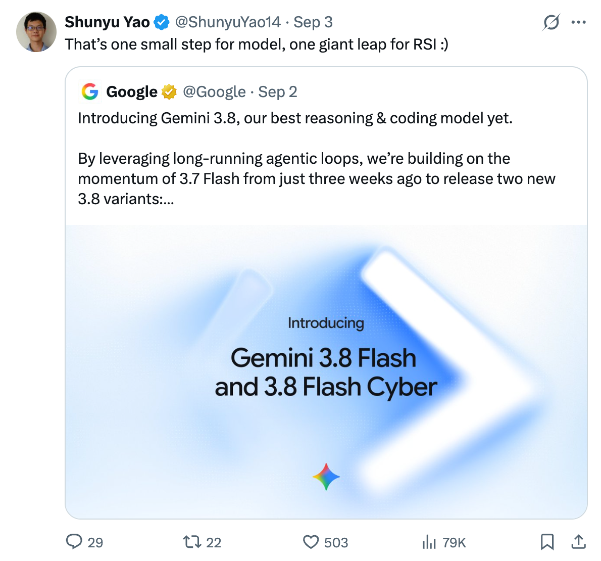 Shunyu Yao's comment connecting Gemini 3.8 and RSI