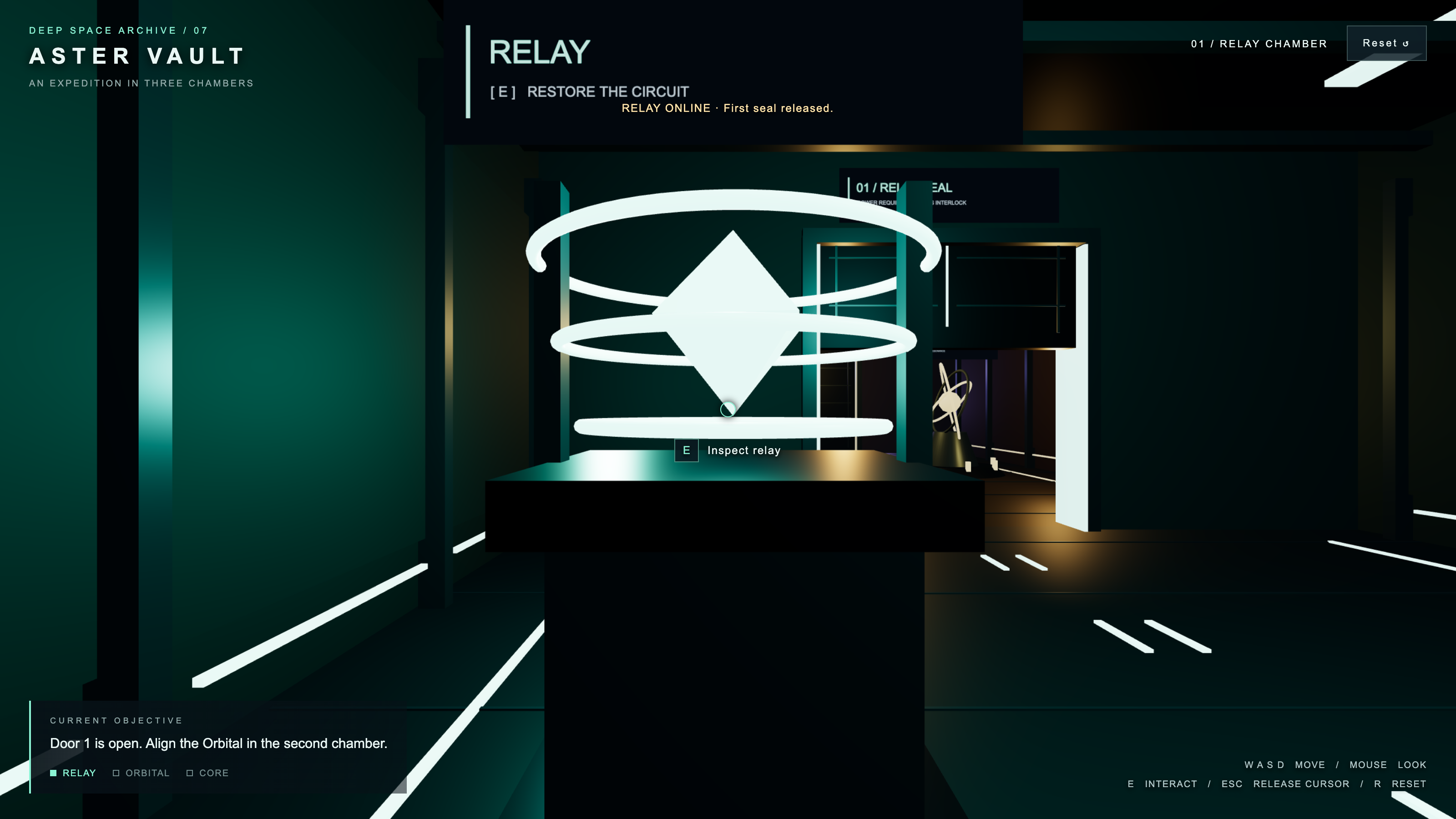 Astra's first artifact after Relay activation, with Door 1 open and the next objective displayed