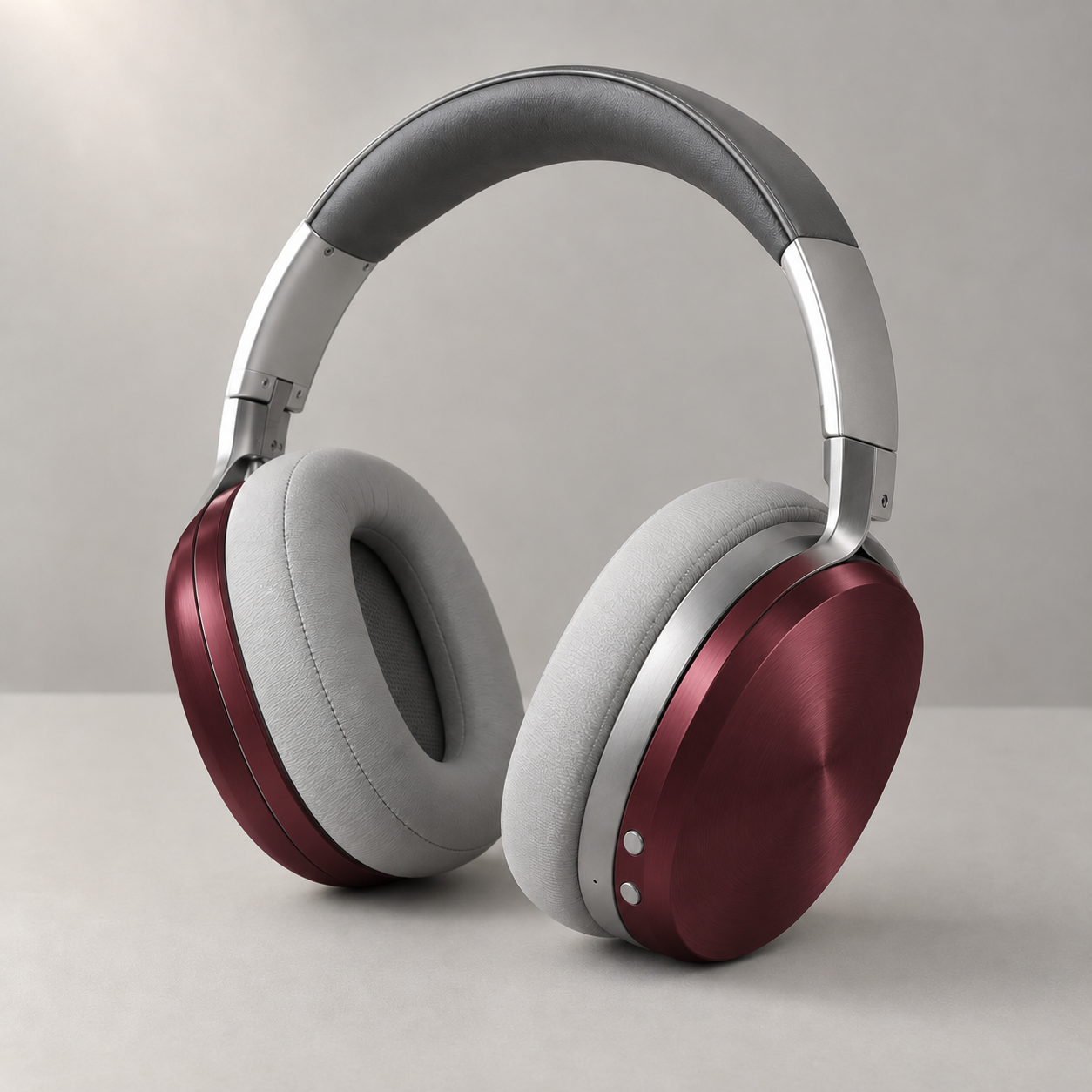 Headphones after a local color edit, with burgundy shells and retained gray cushions and silver supports