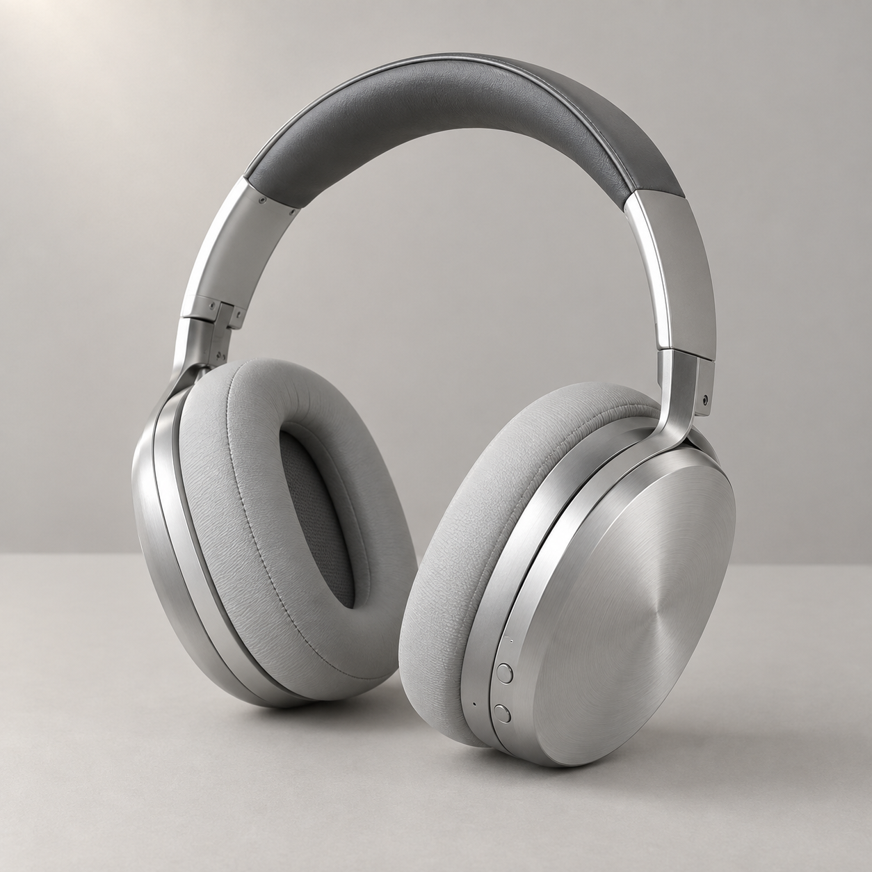 Headphones before editing, with silver shells, gray cushions and two round buttons