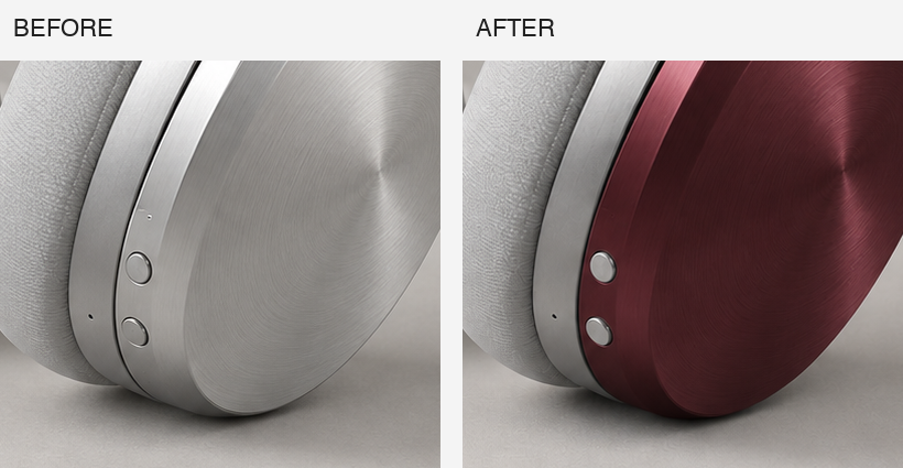 Native-pixel crops of headphone buttons before and after editing, showing changed edge reflections and a small pale detail