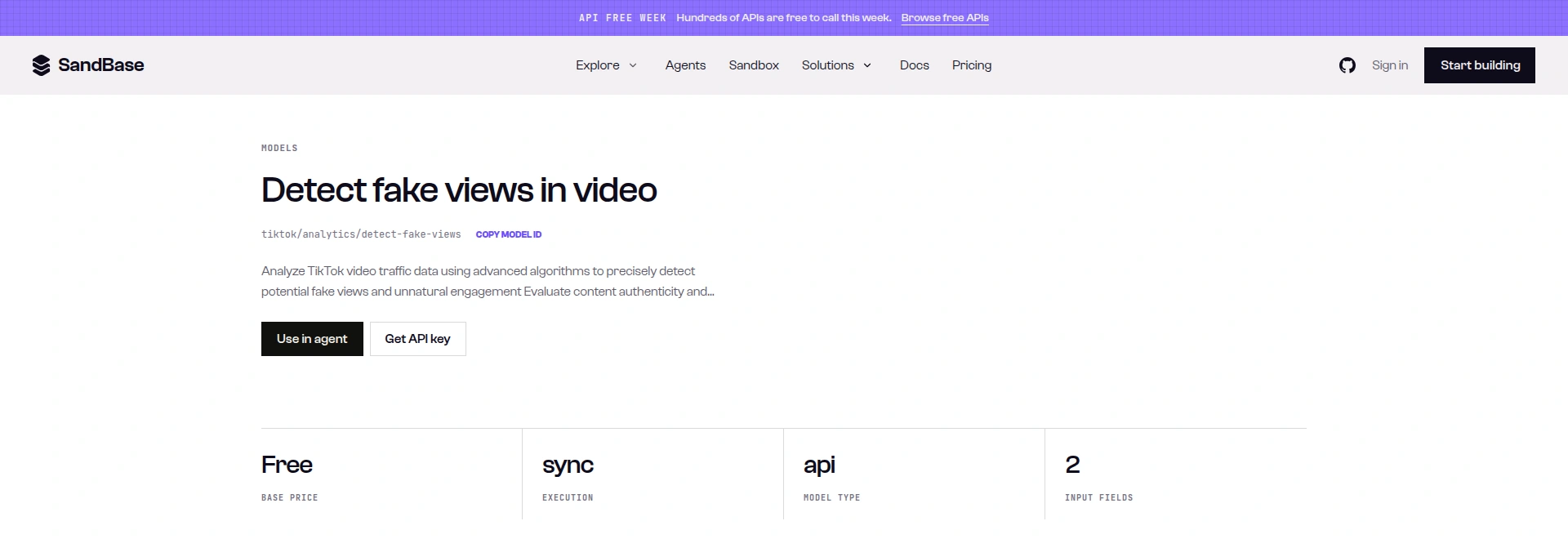 SandBase model page for tiktok/analytics/detect-fake-views showing Free base price, sync execution, api model type and 2 input fields under an API Free Week banner
