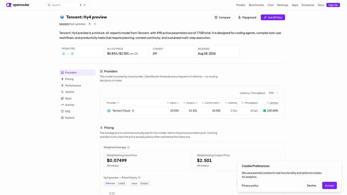 OpenRouter model entry for Tencent Hunyuan Hy4 preview.