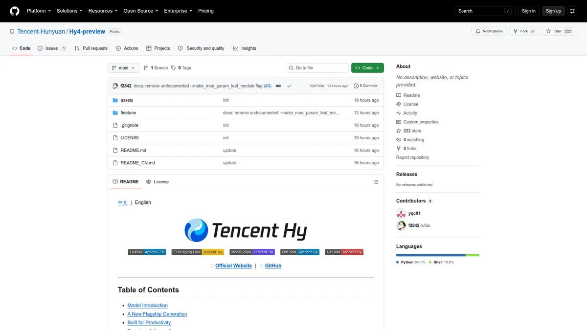 Tencent Hunyuan Hy4 preview GitHub repository with the open-weight project materials.