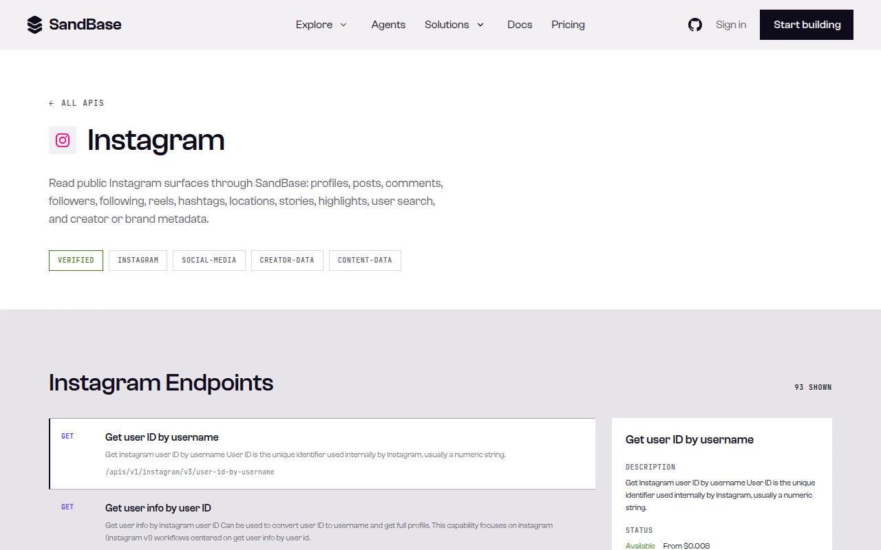 SandBase Instagram API page: description, capability tags, and the Instagram Endpoints list