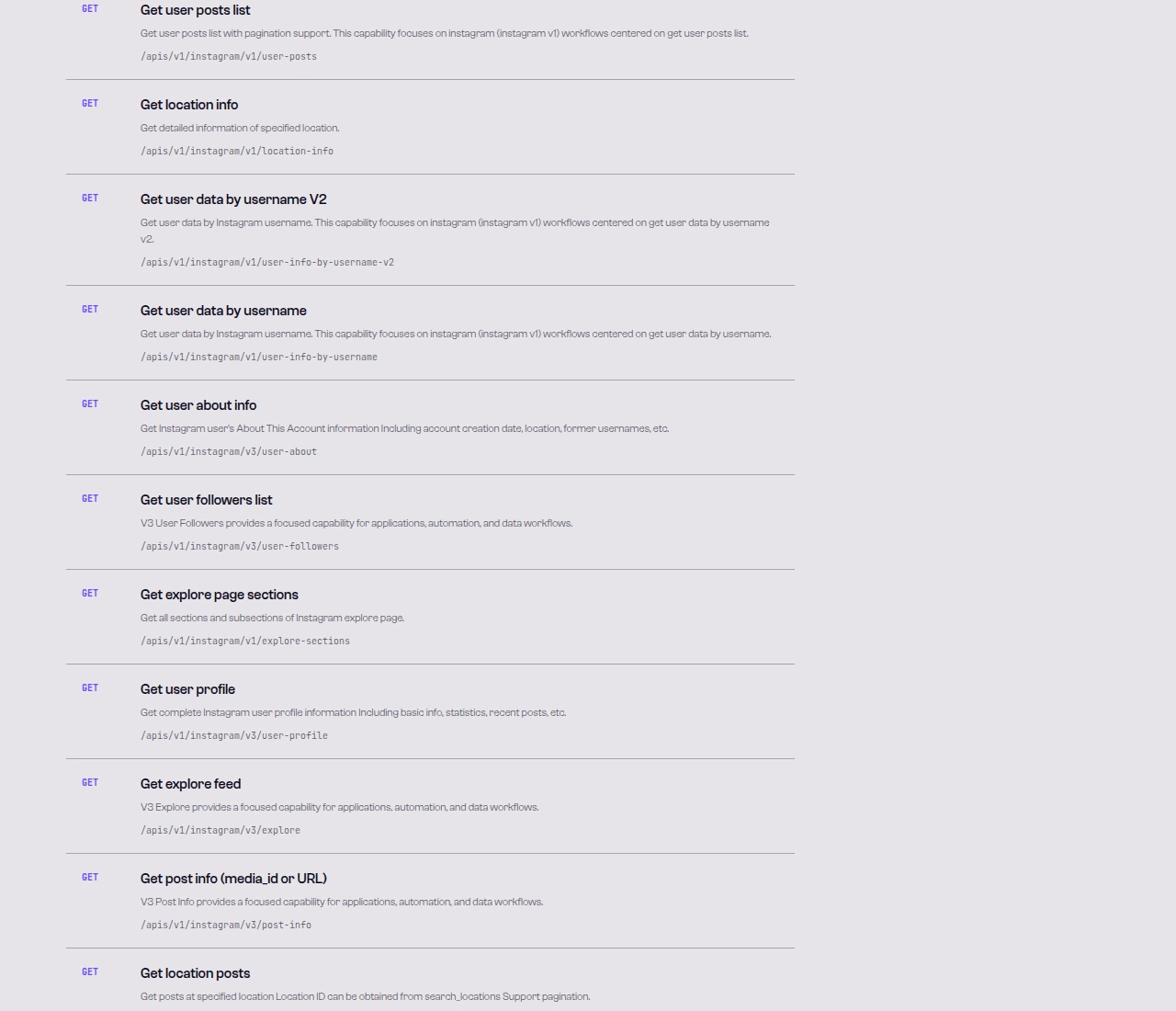 SandBase Instagram Endpoints list showing user-posts, location-info, user-info-by-username, user-followers and more with their paths