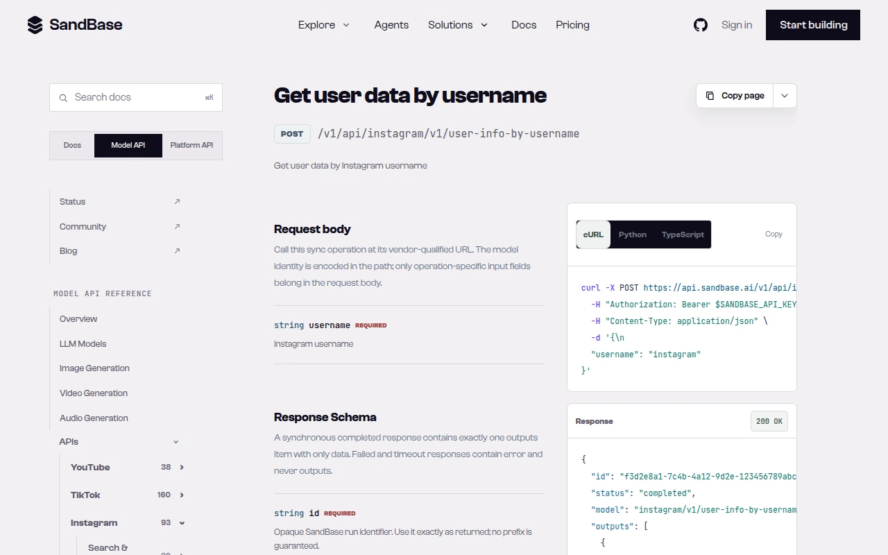 SandBase API reference for POST /v1/api/instagram/v1/user-info-by-username, showing the vendor-qualified URL, a cURL example, and the response schema