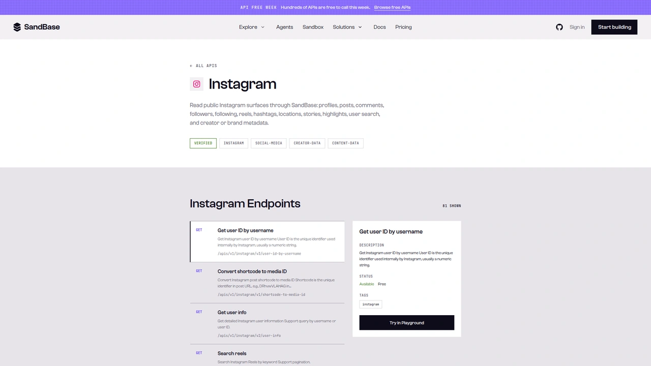 SandBase Instagram API catalog page listing Instagram endpoints with Available and Free status