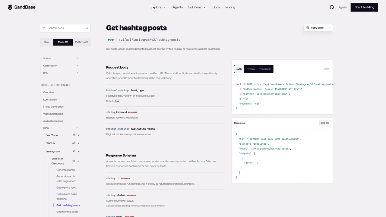 SandBase API reference for the Instagram v2 hashtag-posts endpoint