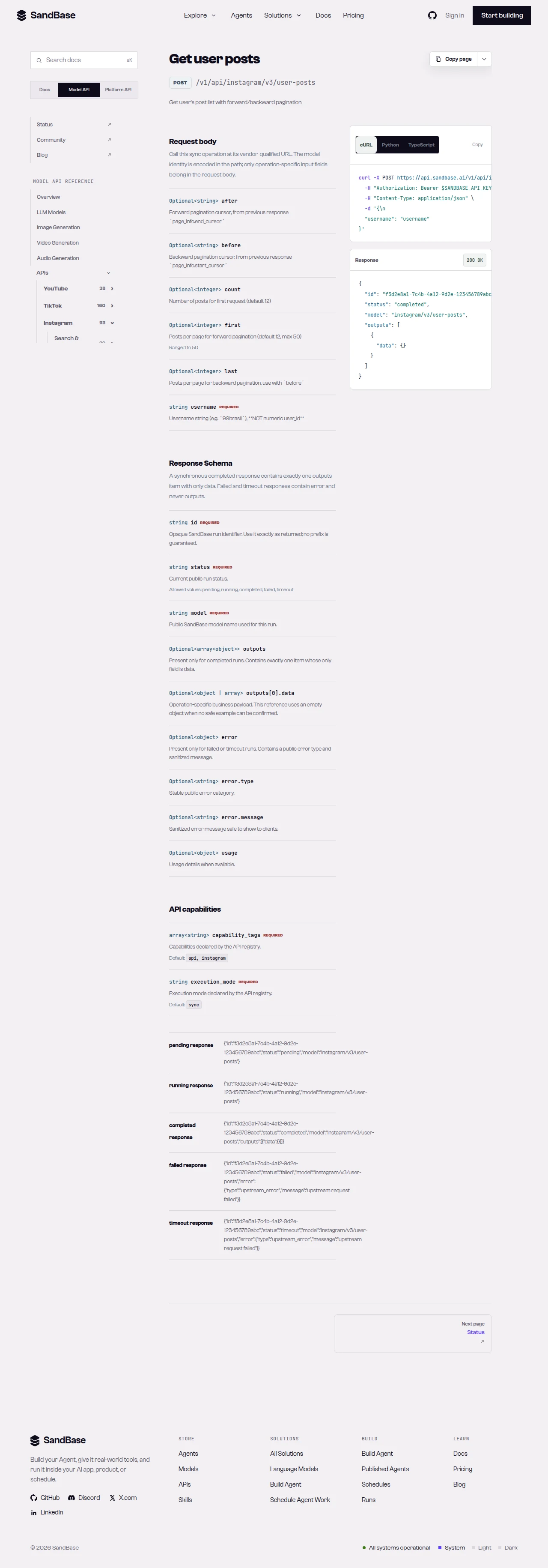 SandBase API reference for the Instagram user-posts endpoint