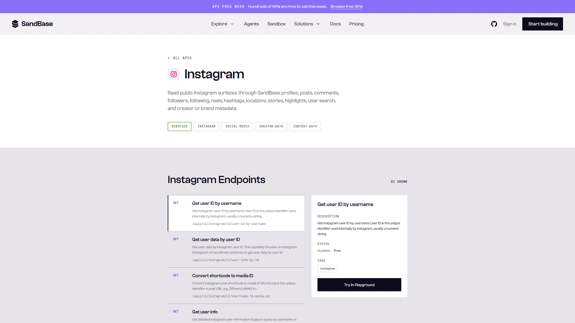 SandBase Instagram API 目录页，显示 81 个端点，选中的 Get user ID by username 标为 Available、Free