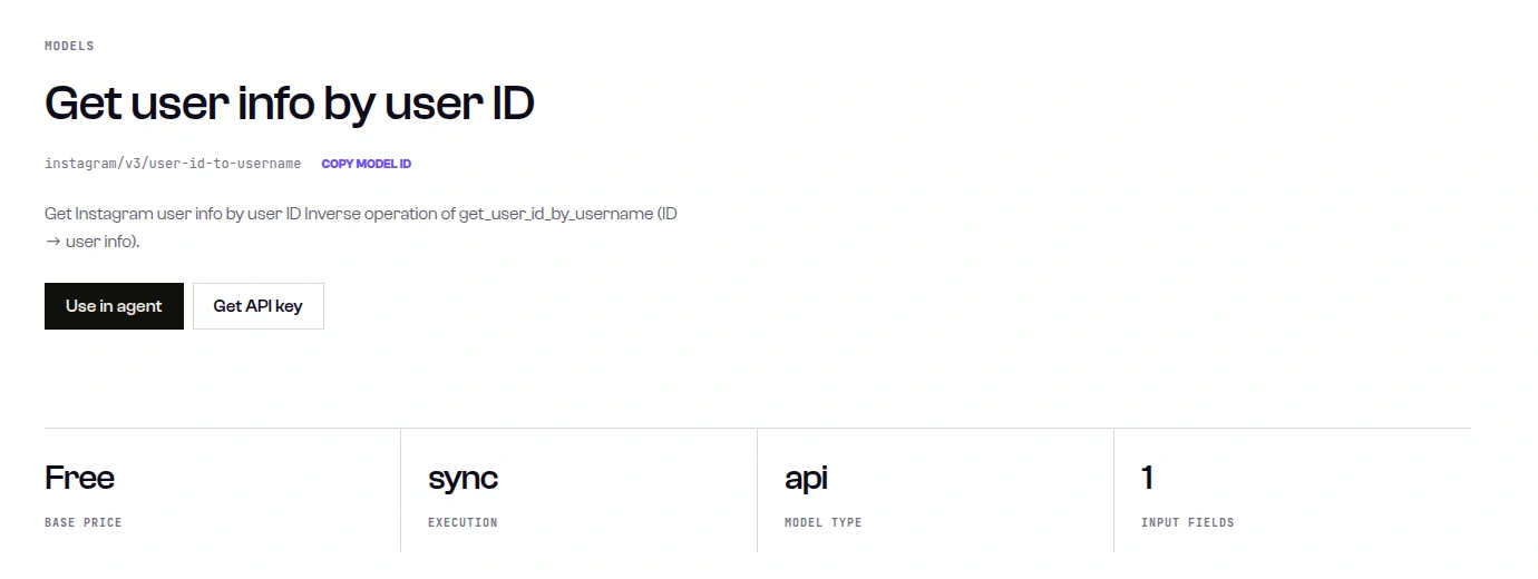 SandBase model page for instagram/v3/user-id-to-username showing a Free base price, sync execution, api model type and 1 input field