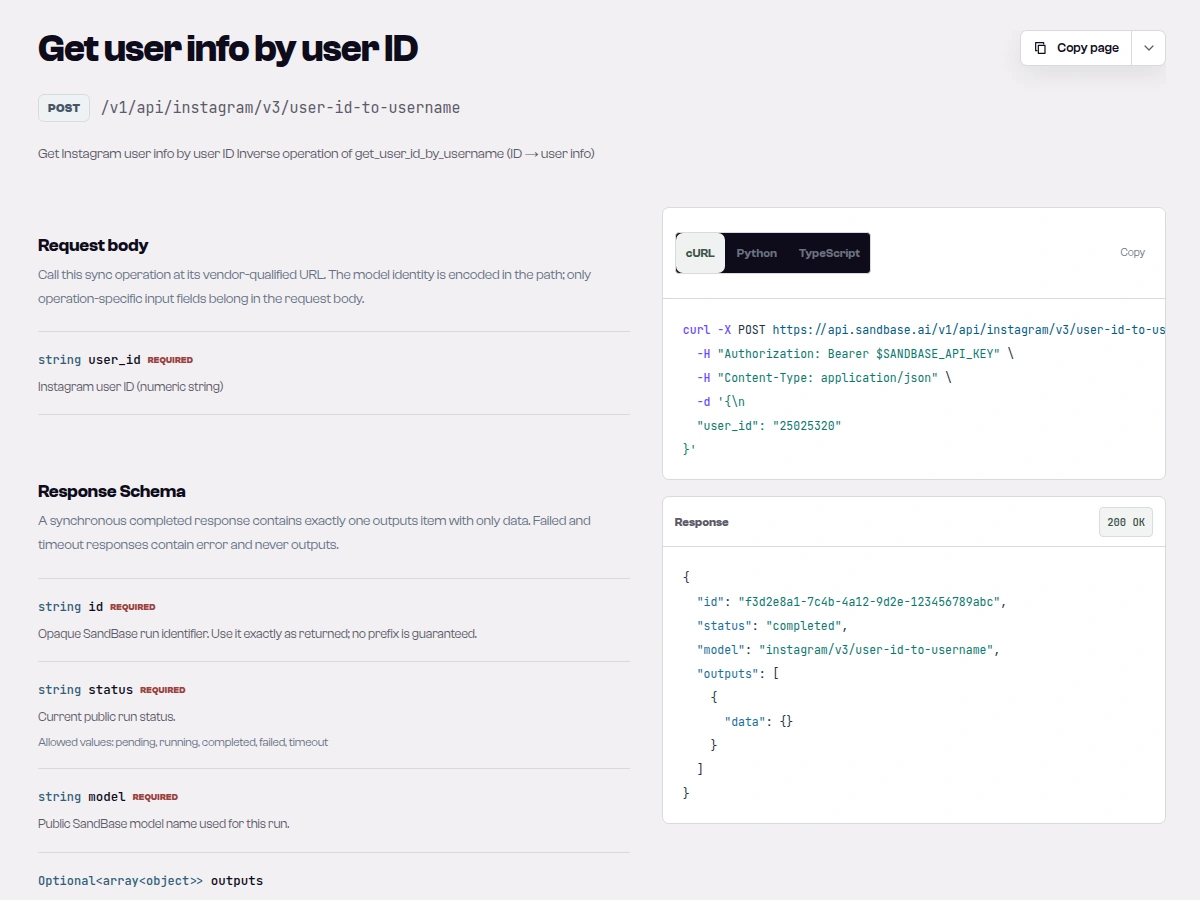 SandBase endpoint reference for instagram/v3/user-id-to-username showing POST /v1/api/instagram/v3/user-id-to-username with one required string field user_id