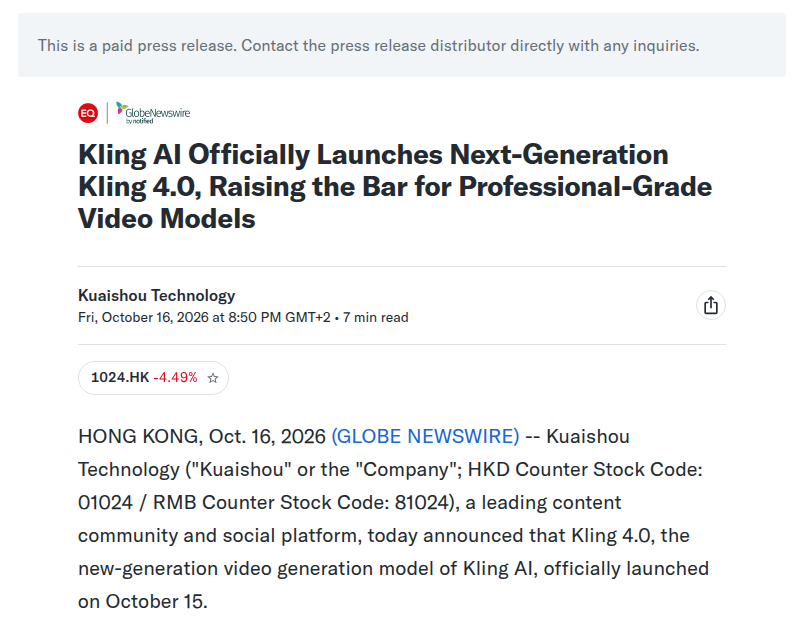 Yahoo Finance 转载的 GlobeNewswire 新闻稿，标题为 Kling AI Officially Launches Next-Generation Kling 4.0，发布方快手科技，日期 2026 年 10 月 16 日，页面注明为付费新闻稿