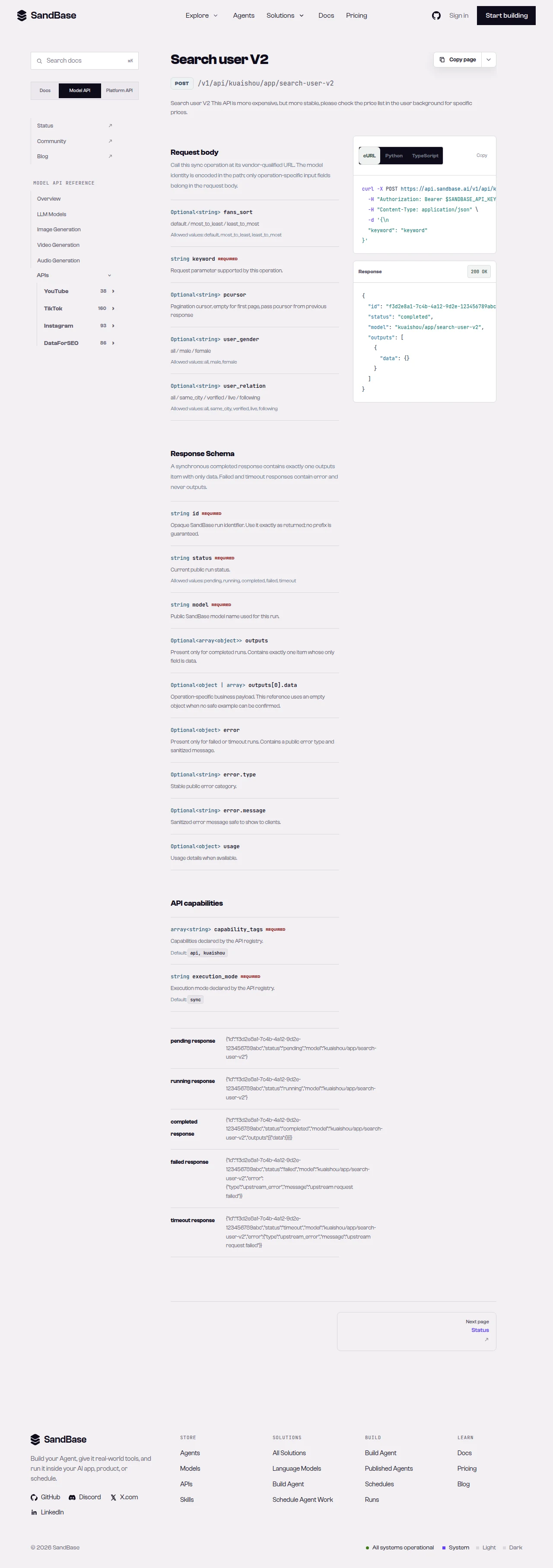 SandBase API reference for the Kuaishou search-user-v2 endpoint