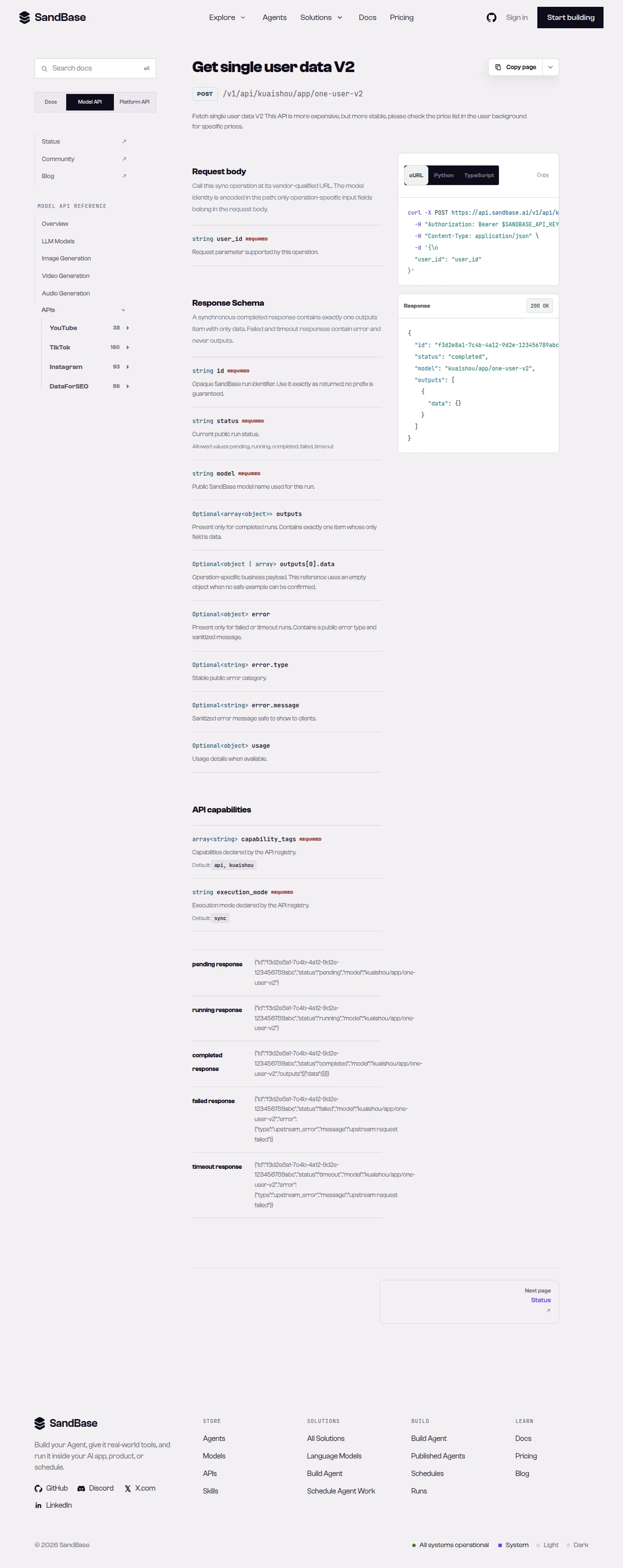 SandBase API reference for the Kuaishou one-user-v2 endpoint