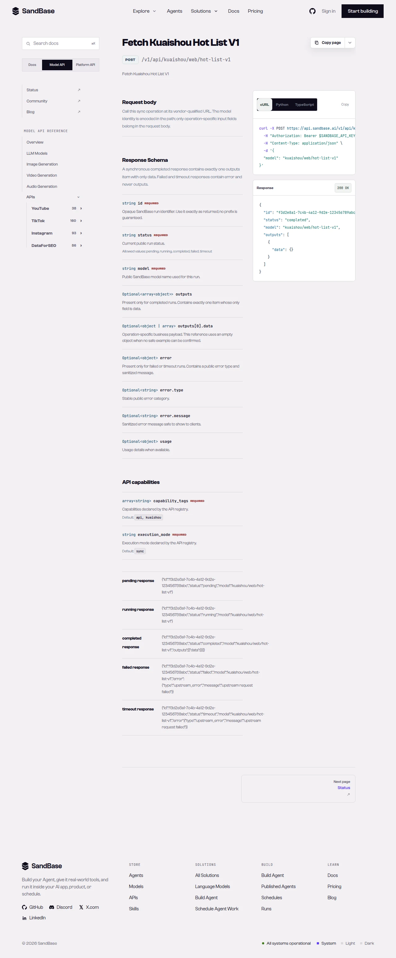 SandBase API reference for a Kuaishou endpoint, showing the vendor-qualified URL and the response schema