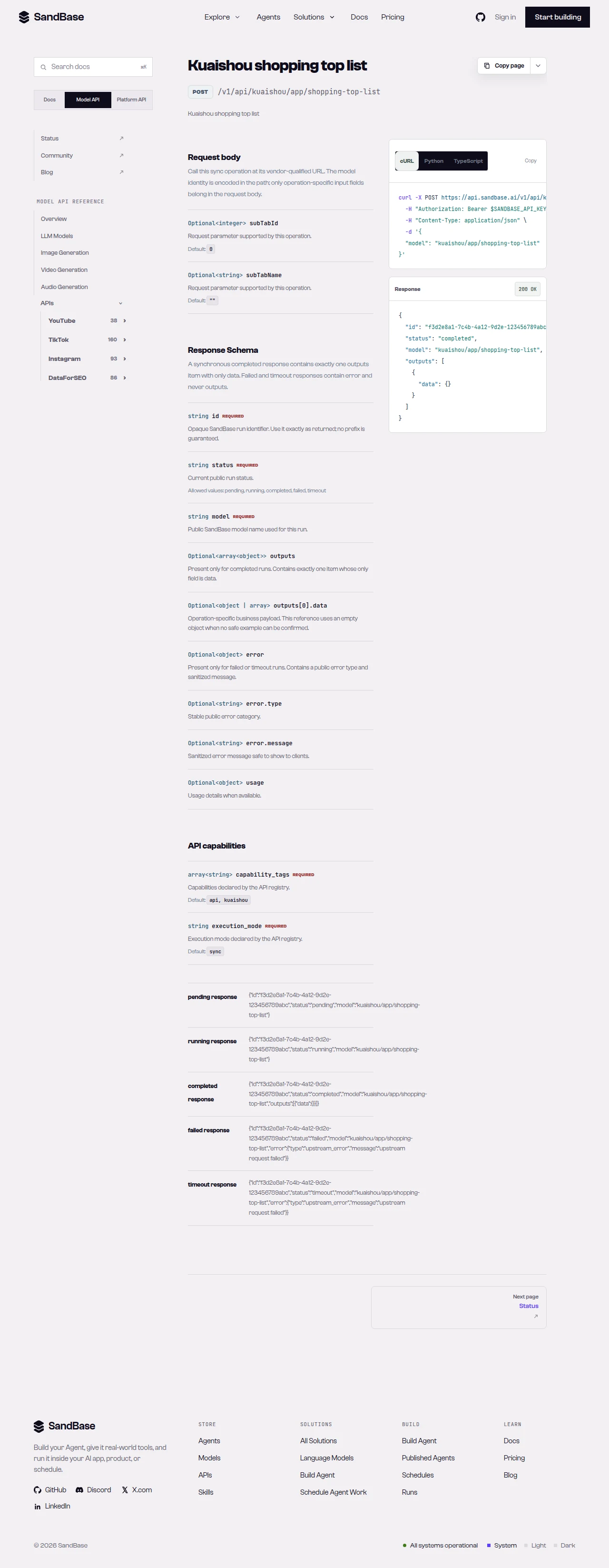 SandBase Kuaishou endpoint list showing hot-list, search, shopping, and video endpoints with their paths