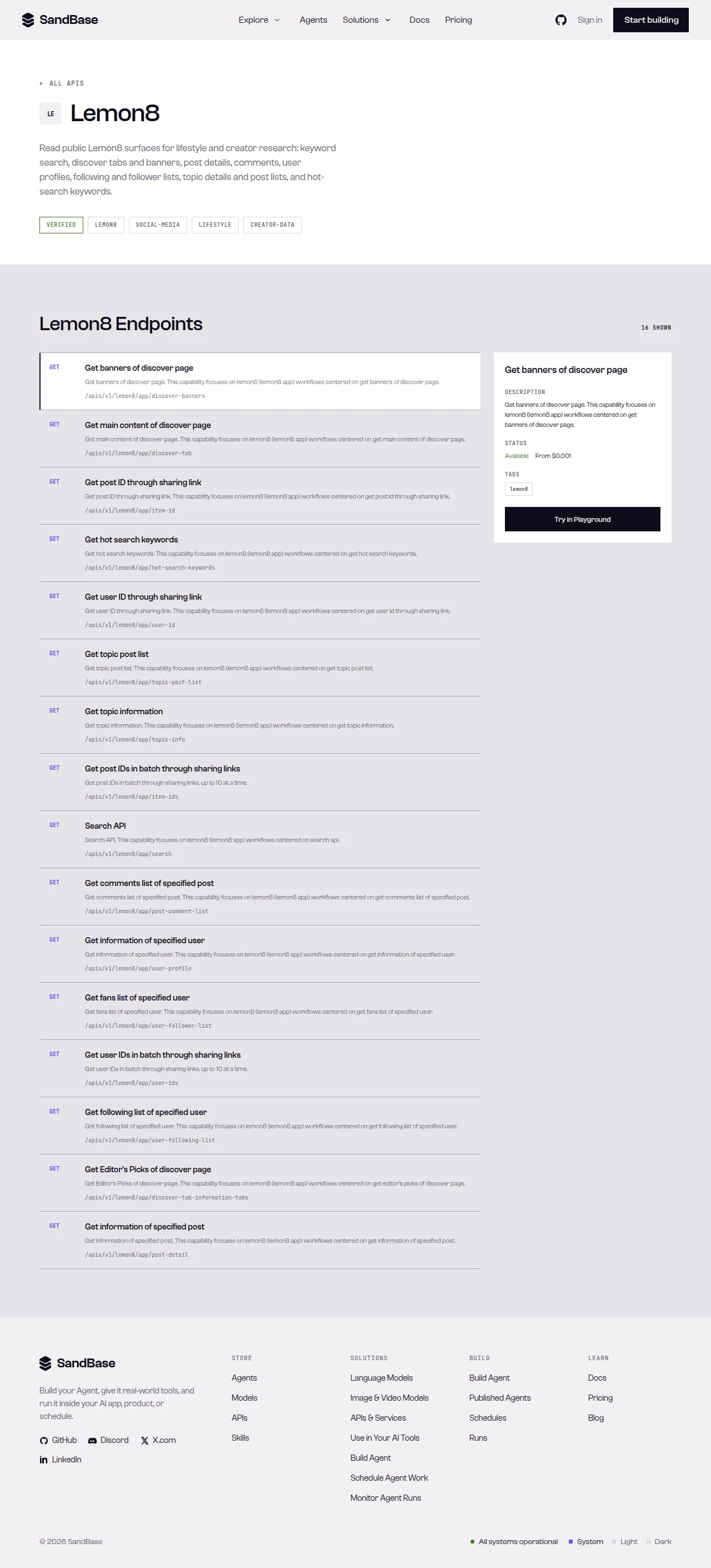 SandBase Lemon8 API page: description, capability tags, and the endpoint list