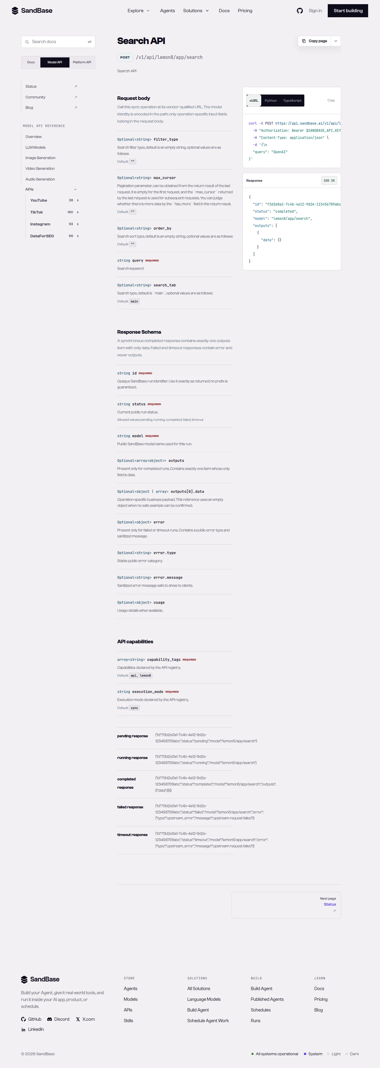 SandBase API reference for a Lemon8 endpoint, showing the vendor-qualified URL and the response schema