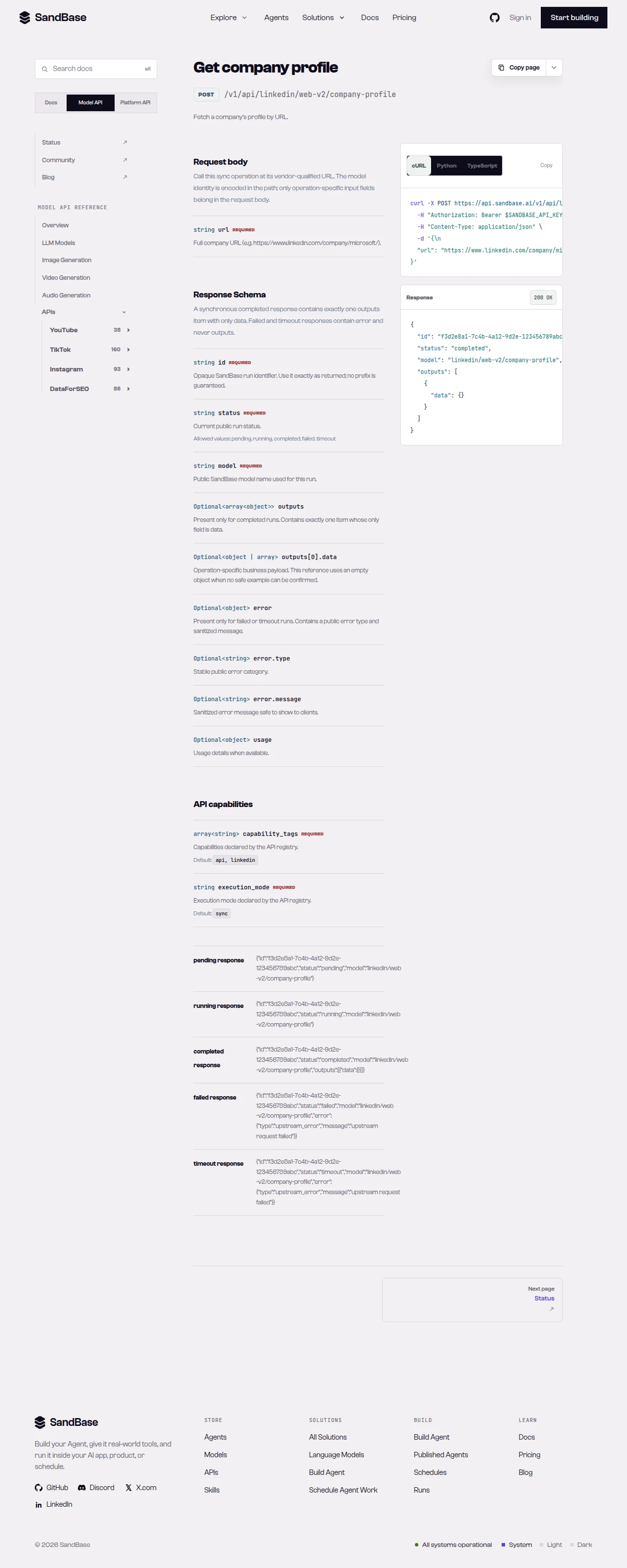 SandBase API reference for the LinkedIn company-profile endpoint