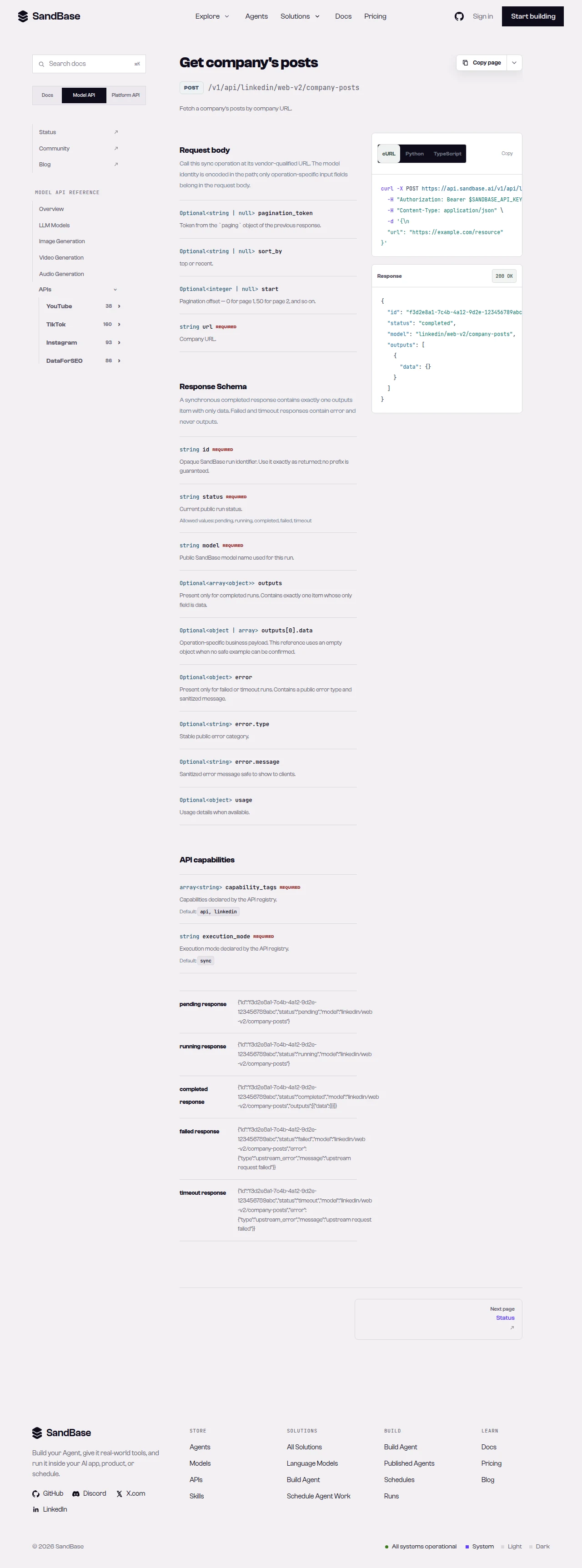 SandBase API reference for the LinkedIn company-posts endpoint