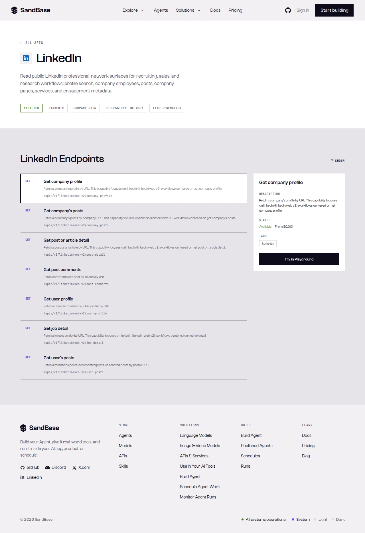 SandBase LinkedIn API page: description, capability tags, and the LinkedIn Endpoints list