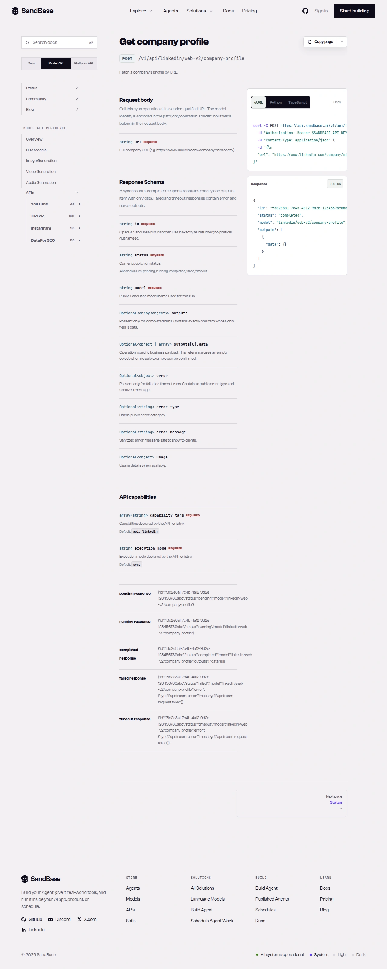 SandBase API reference for a LinkedIn endpoint, showing the vendor-qualified URL, the url parameter, and the response schema