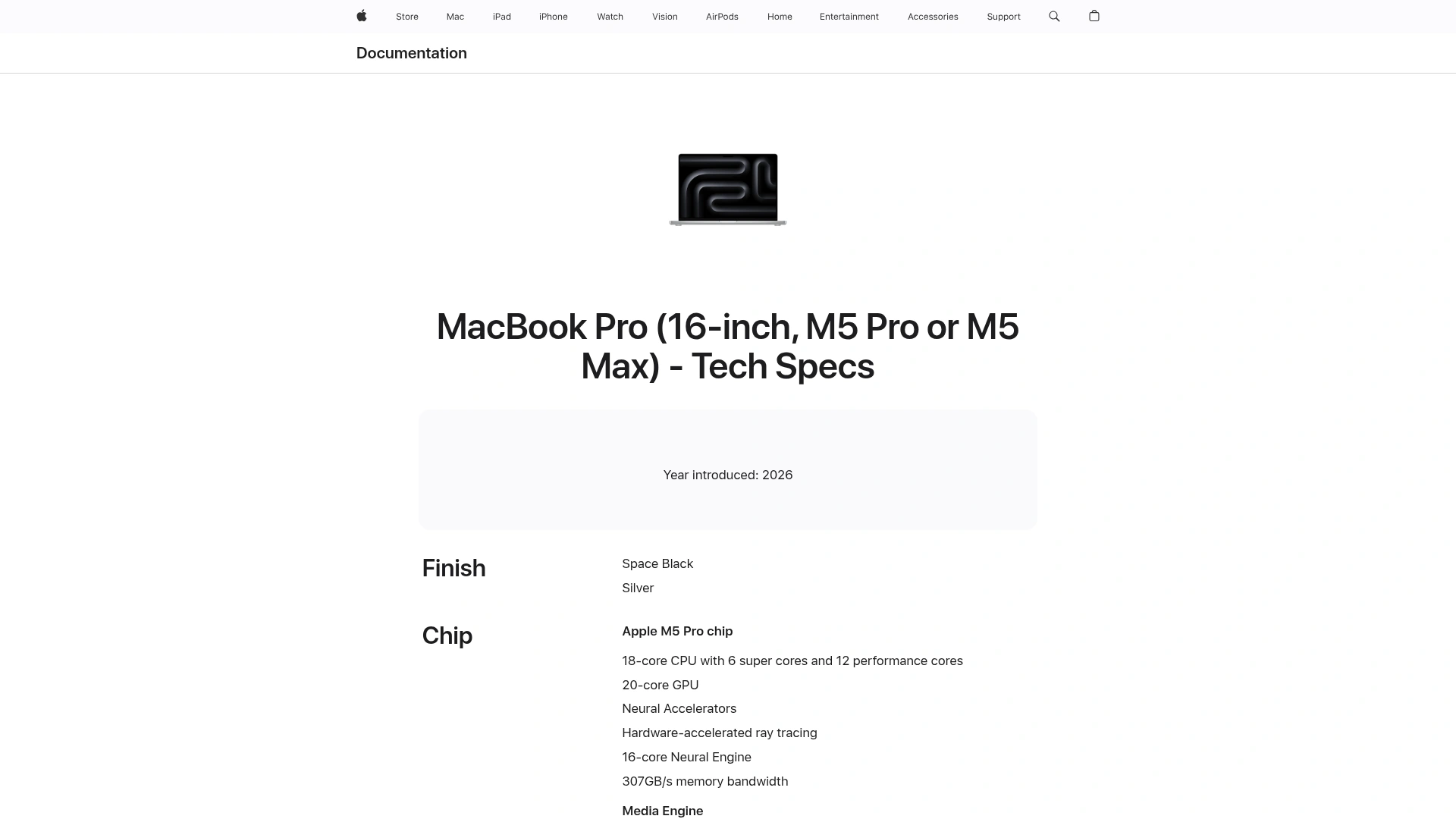 Apple technical specifications for the current 16-inch MacBook Pro with M5 Pro or M5 Max