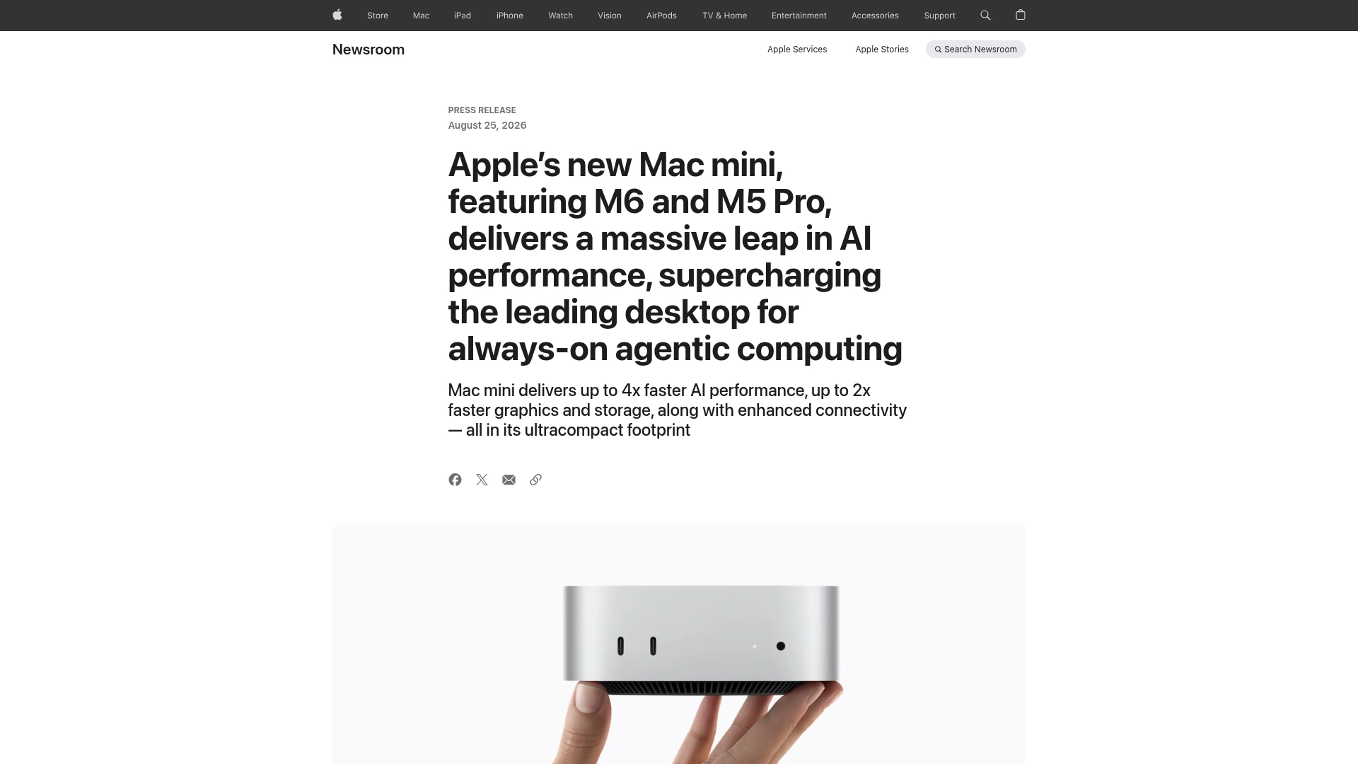 Apple Newsroom announcement for the M6 Mac mini, dated August 25, 2026