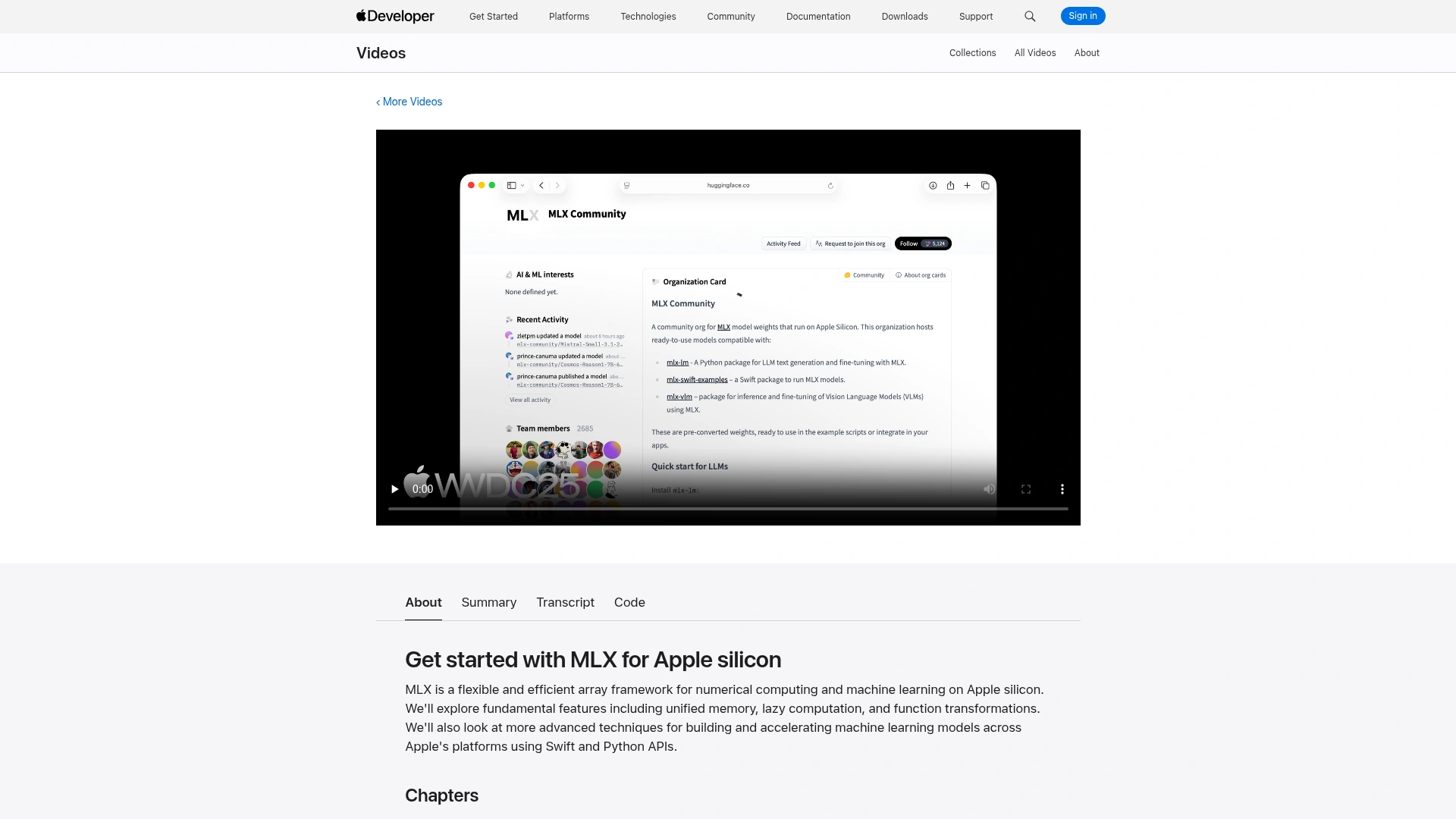 Apple Developer session introducing MLX and its unified-memory design for Apple silicon